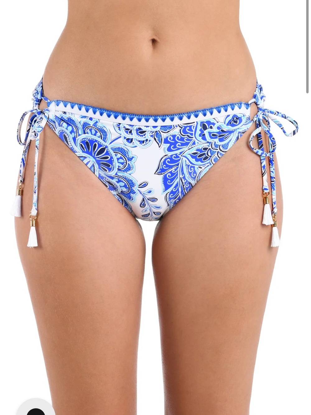 La Blanca White and Blue Paisley Tie-Side Bikini Bottom with Tassel Accents